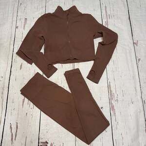 New Mix Brown Ribbed 2-Piece Activewear Set Crop Zip Jacket and Leggings